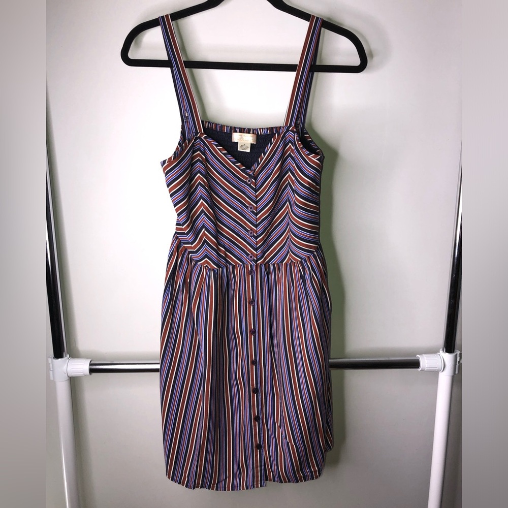 BOG Collection Band of Gypsies Blue Striped Button Front Mini Medium Dress